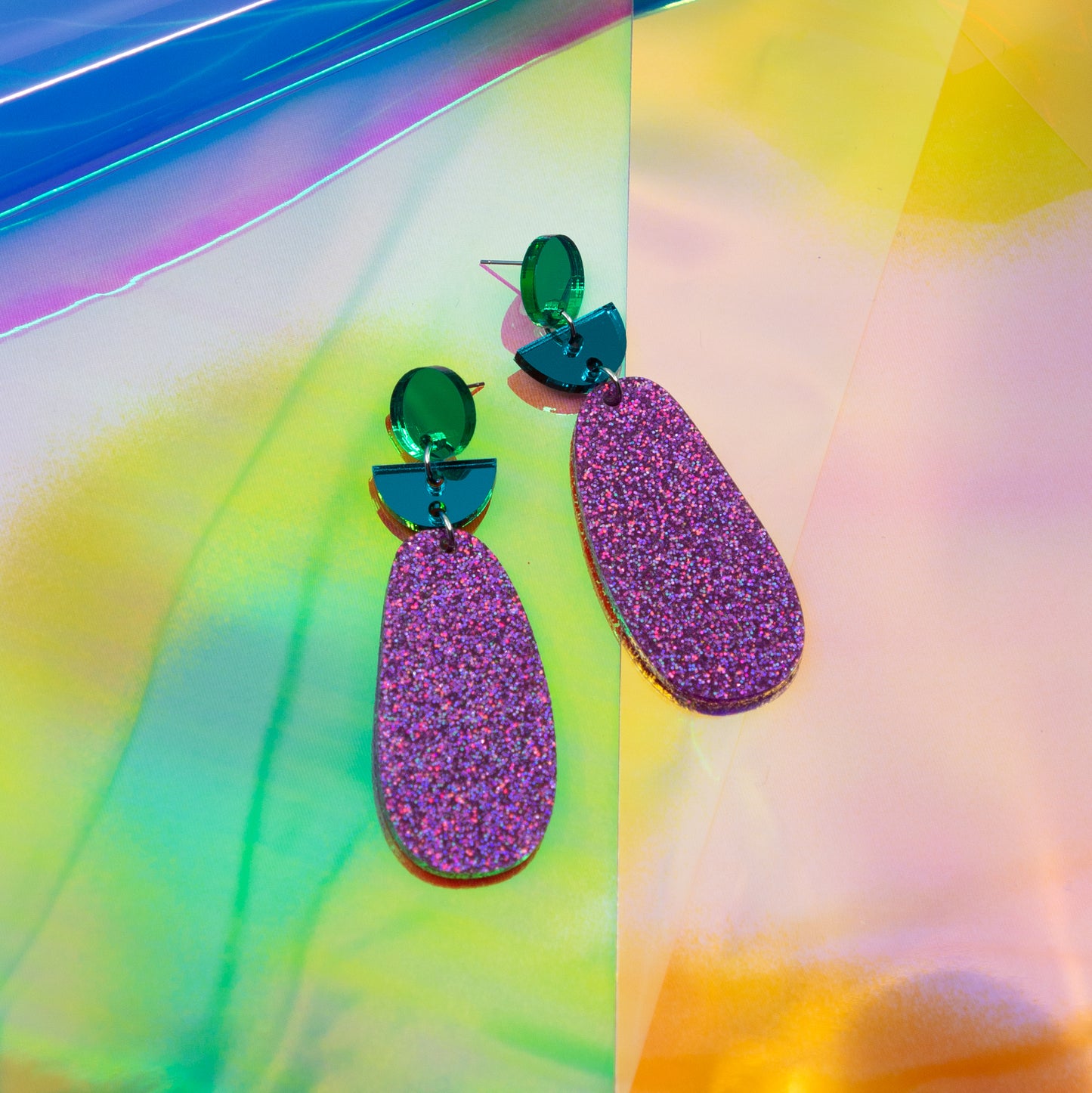 TALIA NO.6 // GREEN & TEAL MIRROR, HOLO PINK GLITTER