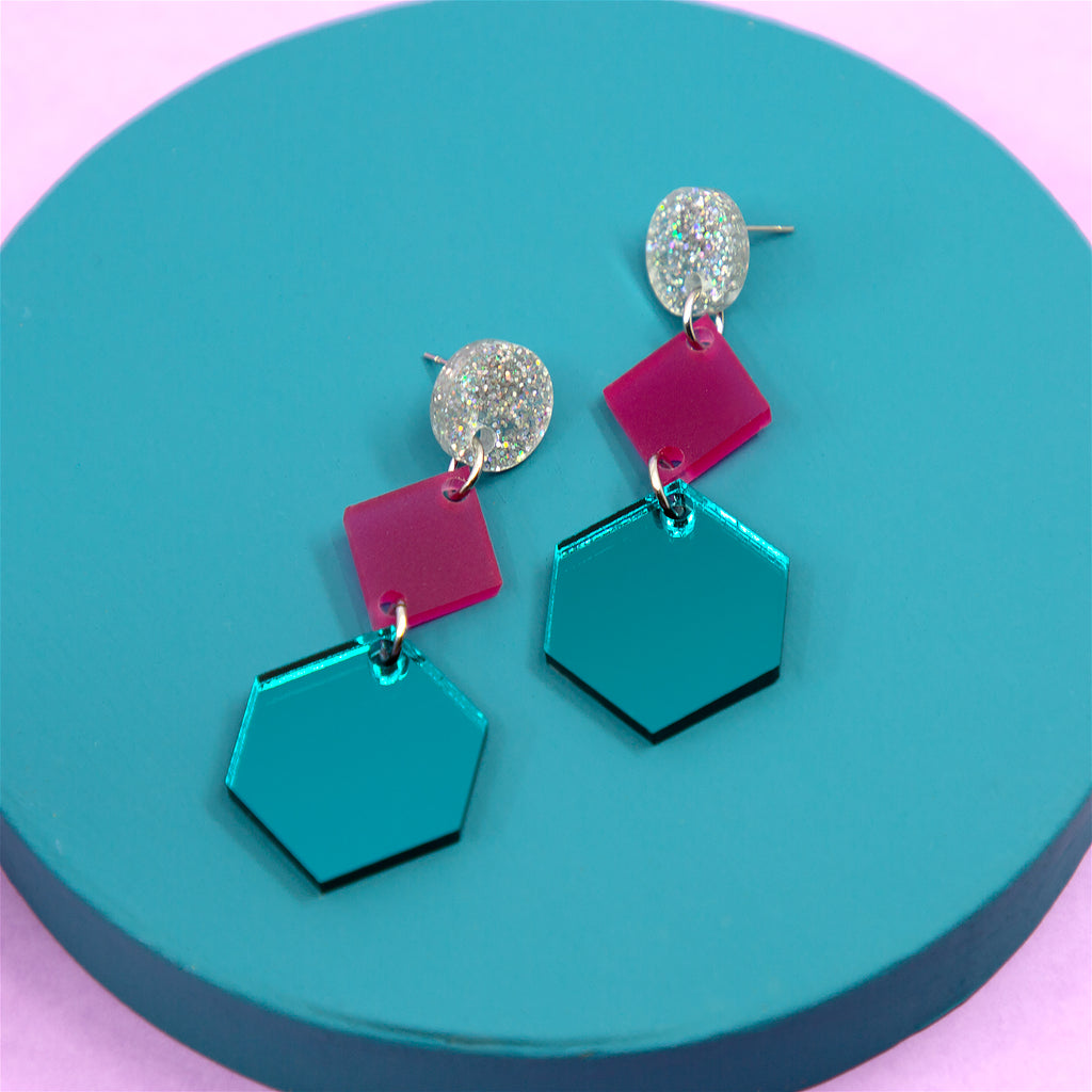 PHOEBE NO.2 IN SILVER GLITTER, FROSTED MAGENTA & TEAL MIRROR. ACRYLIC EARRING