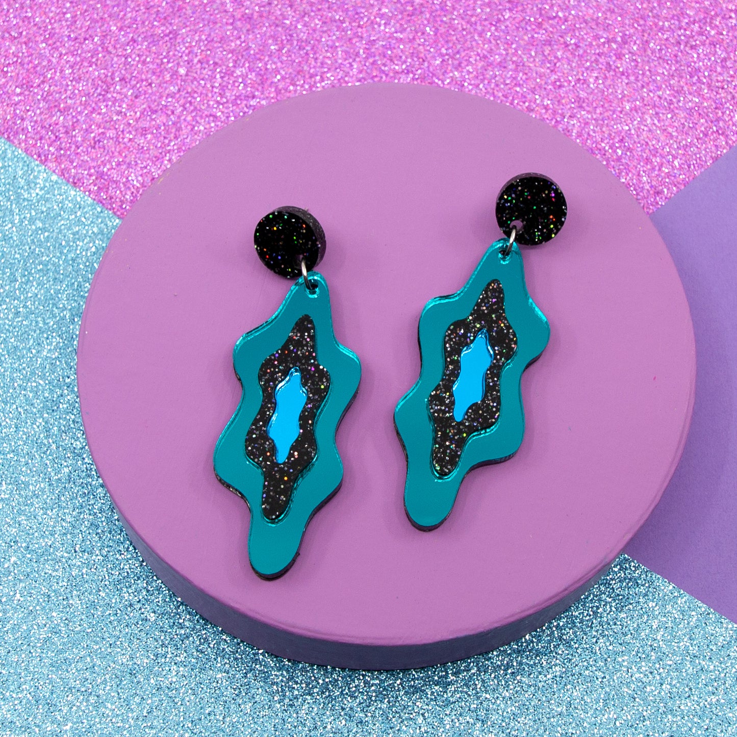 LELLIE MELTS // TEAL MIRROR & BLACK GLITTER STUD