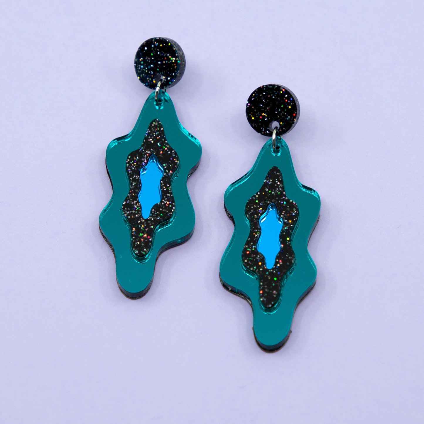 LELLIE MELTS // TEAL MIRROR & BLACK GLITTER STUD