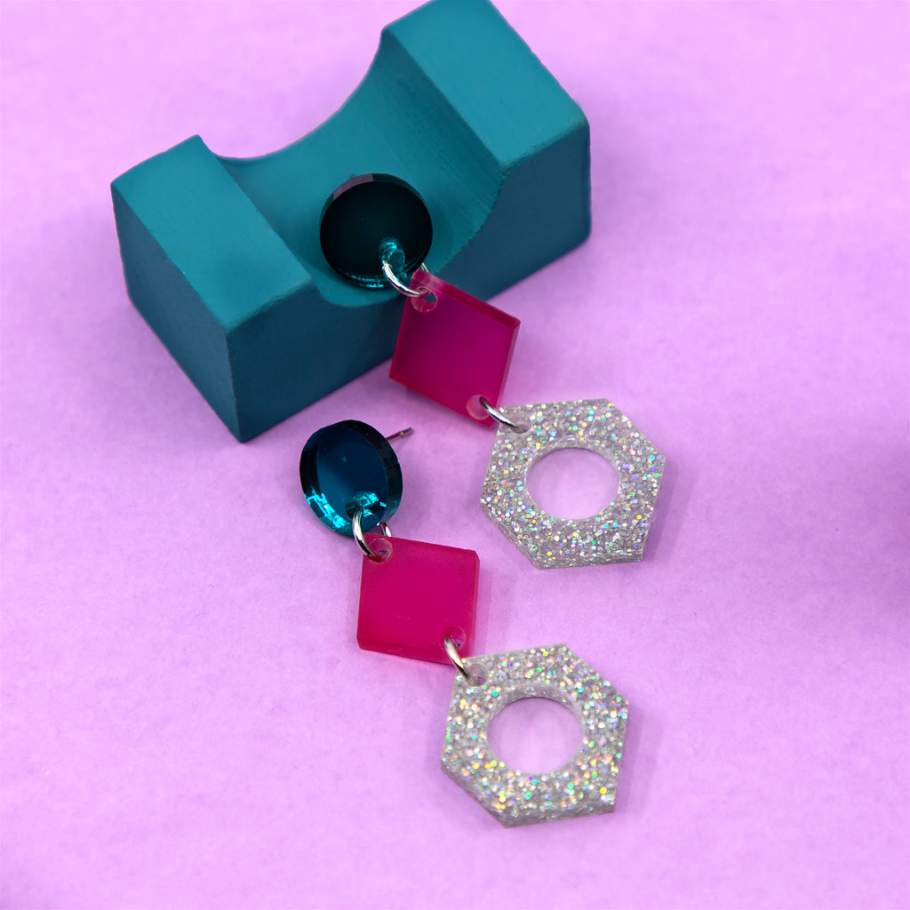 PHOEBE NO.4 IN TEAL MIRROR, FROSTED MAGENTA & SILVER GLITTER. ACRYLIC EARRING